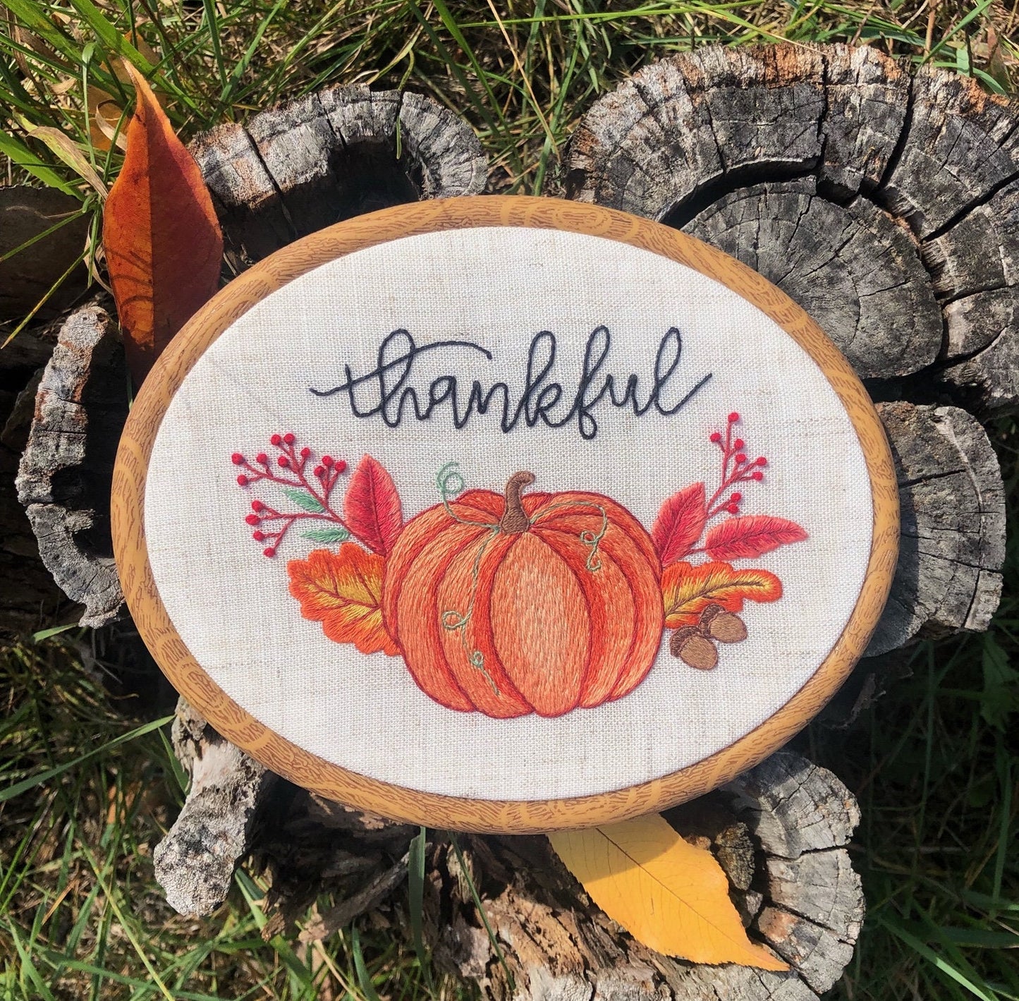 Thankful - Hand Embroidery Pattern with Pumpkin and Autumn Leaves