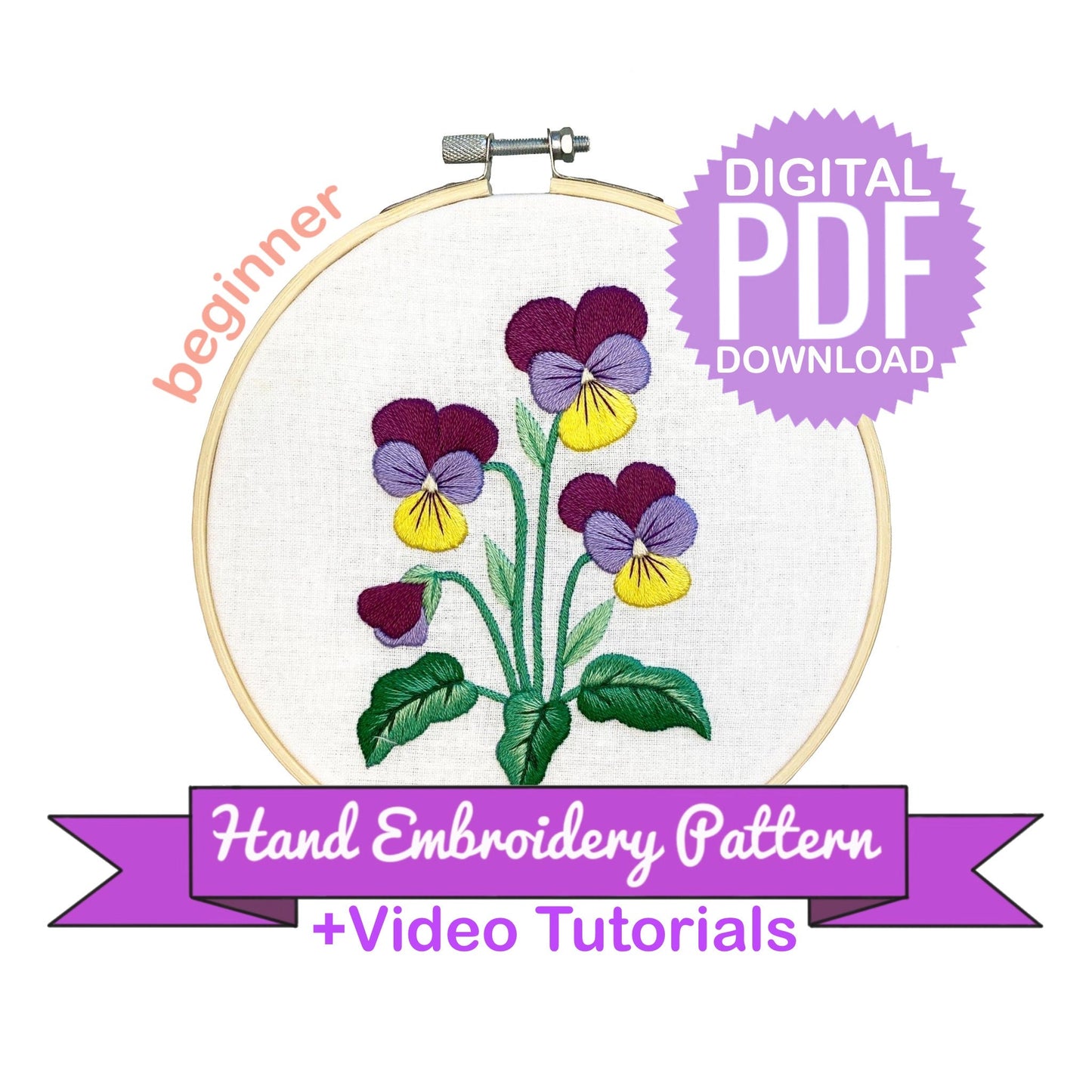 Wild Pansies - Hand Embroidery Pattern + Complete Video Course