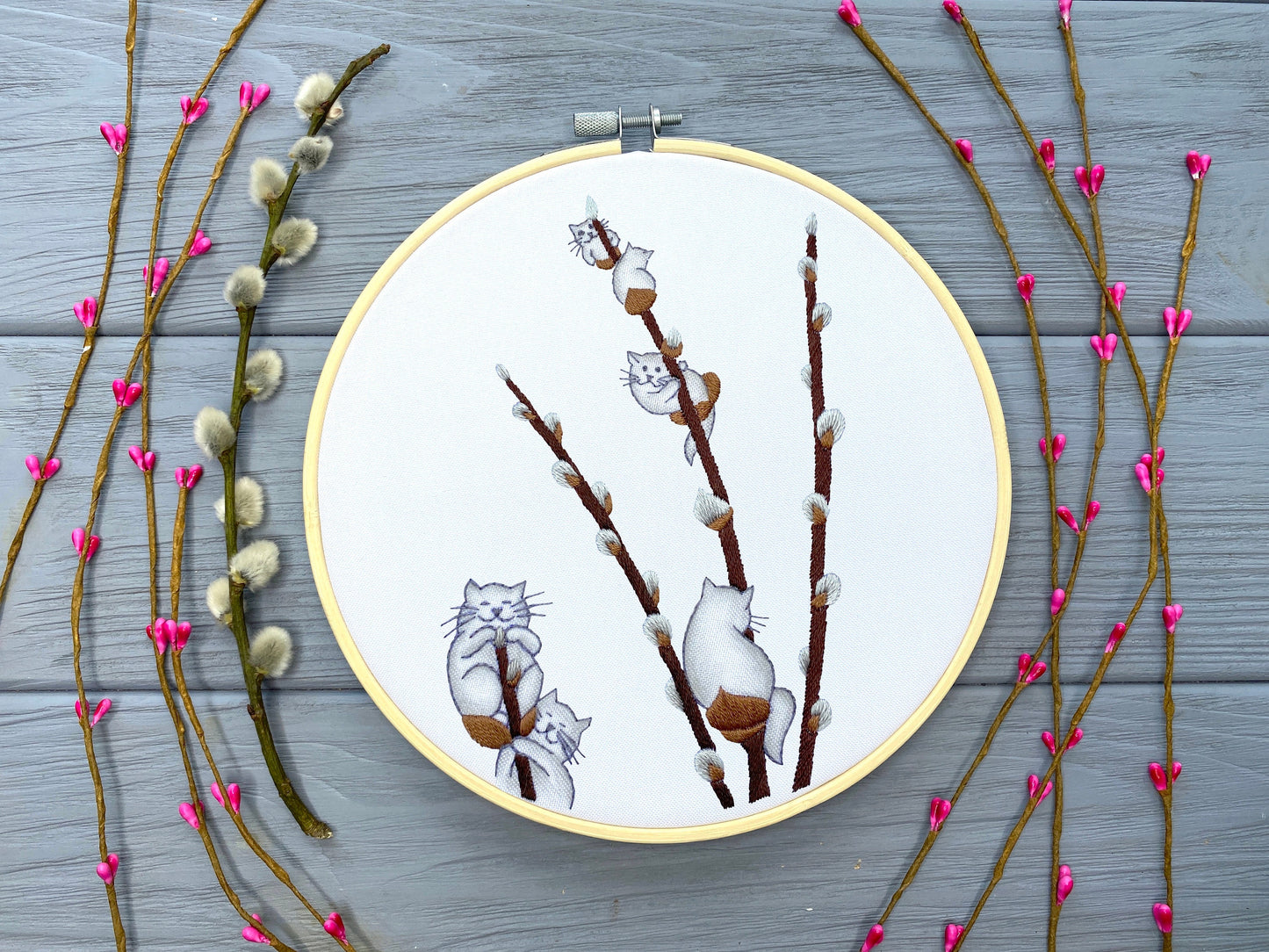 Cats on Willow Tree Hand Embroidery Pattern