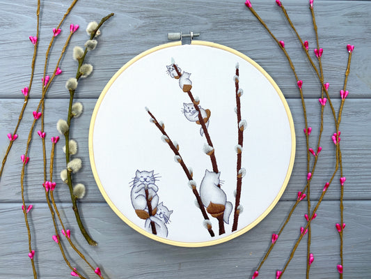 Cats on Willow Tree Hand Embroidery Pattern