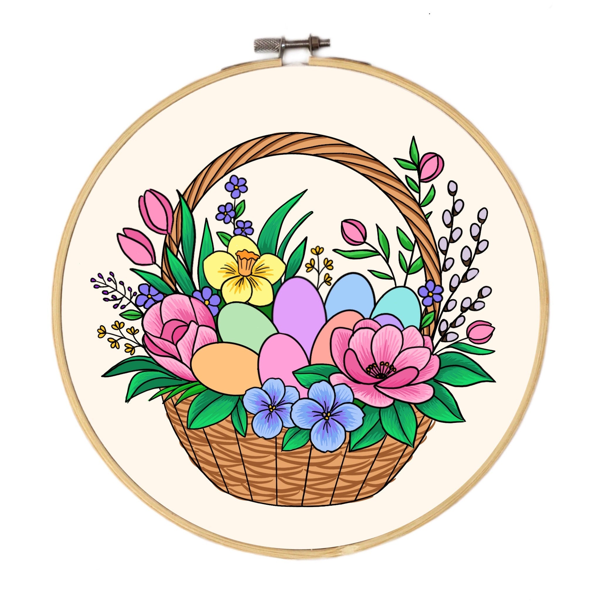 Easter Basket with Eggs and Spring Flowers - Hand Embroidery Pattern ...