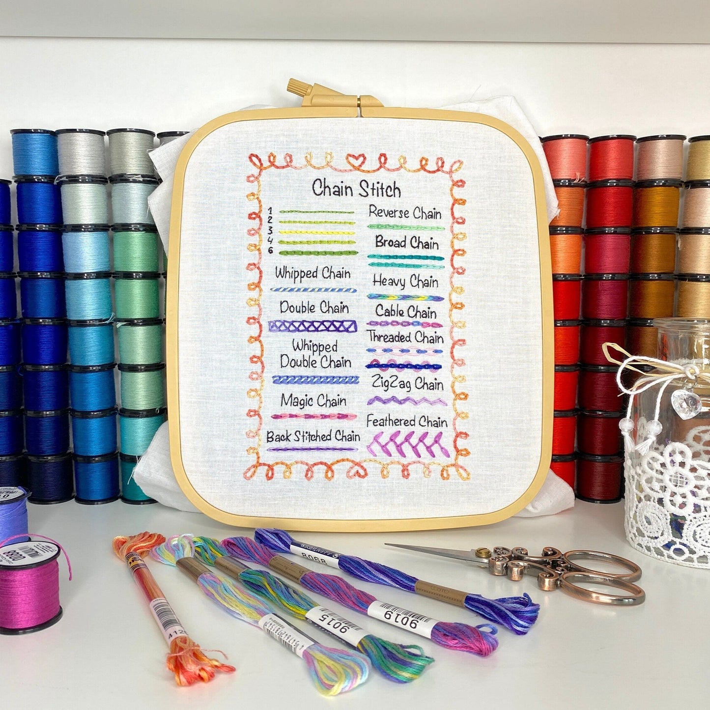 Chain Stitch Sampler Page for Beginners, Hand Embroidery PDF Pattern + Video Tutorials