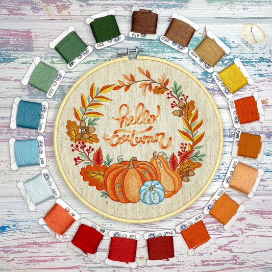 Hello Autumn Pumpkins Wreath - Hand Embroidery Pattern