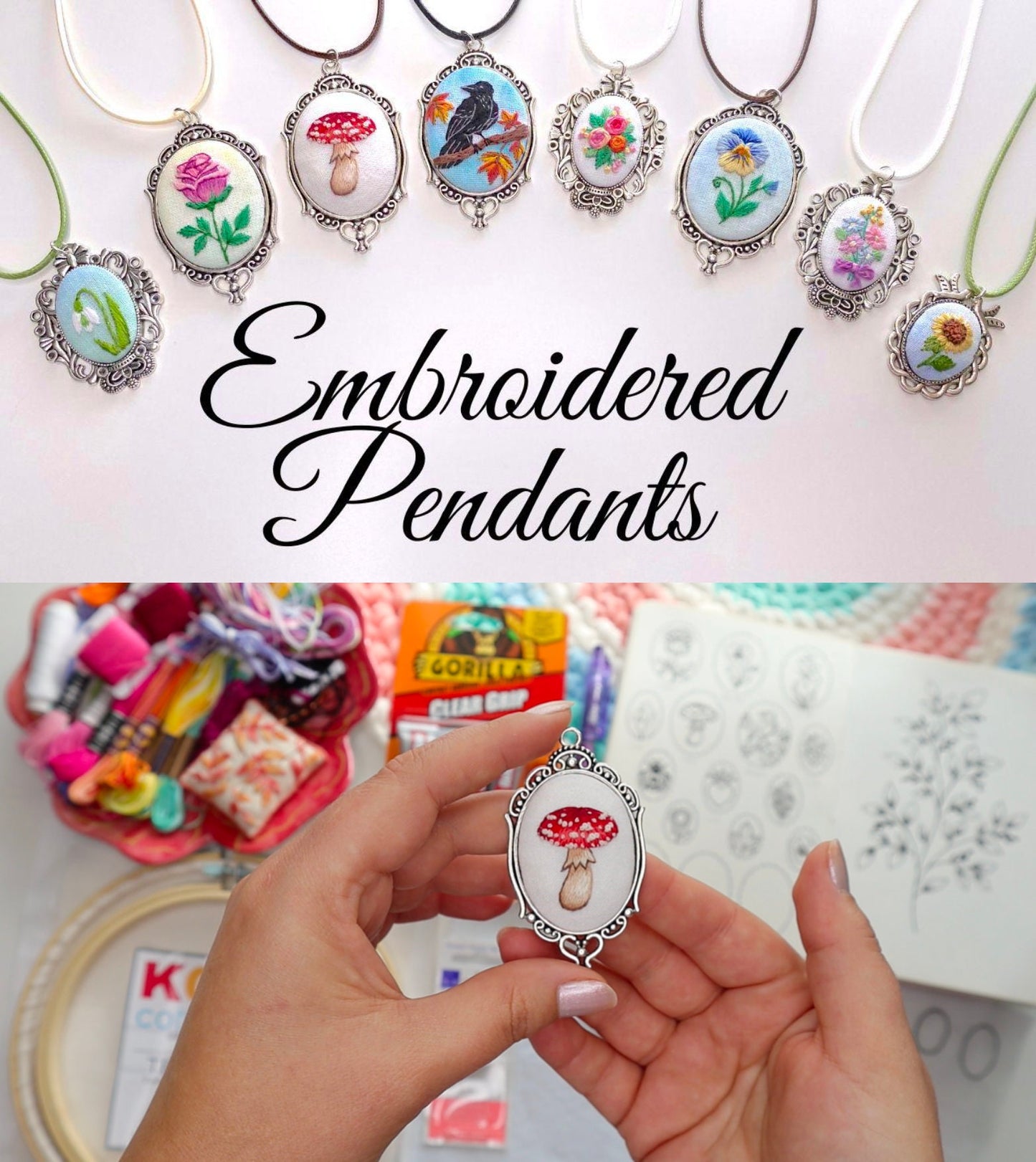 Make Your Own Embroidered Pendants - Pattern with 14 Different Designs + Detailed Video Tutorials